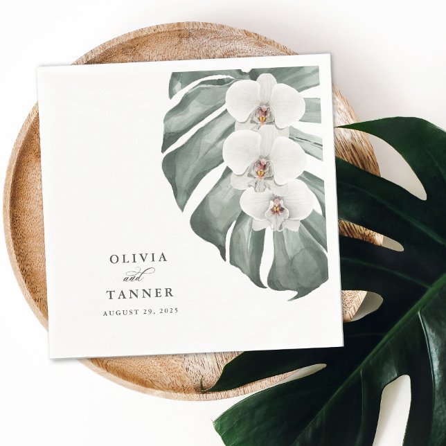 White Orchids on Monstera Tropical Wedding Napkin (Creator Uploaded)