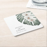 White Orchids on Monstera Tropical Wedding Square Paper Coaster<br><div class="desc">Bring your tropical wedding vision to life with this uniquely beautiful watercolor floral wedding coasters. This custom design features a trio of elegant white orchids and a beautiful Monstera leaf in soft watercolors. The design is both simple and elegant with a minimalist look energised by the tropical botanical elements. It...</div>