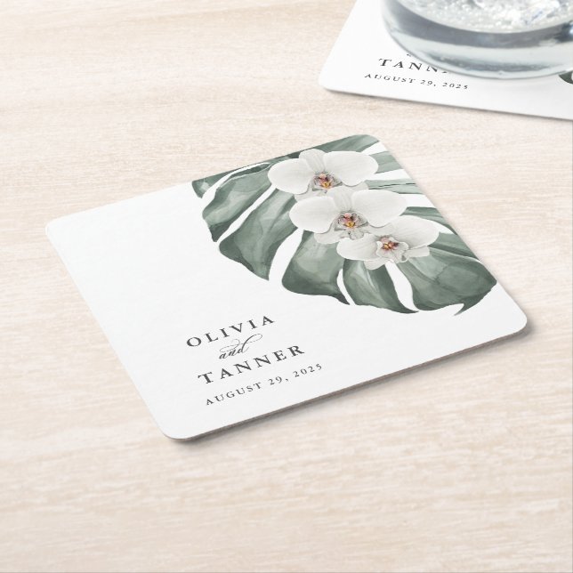 White Orchids on Monstera Tropical Wedding Square Paper Coaster (Angled)