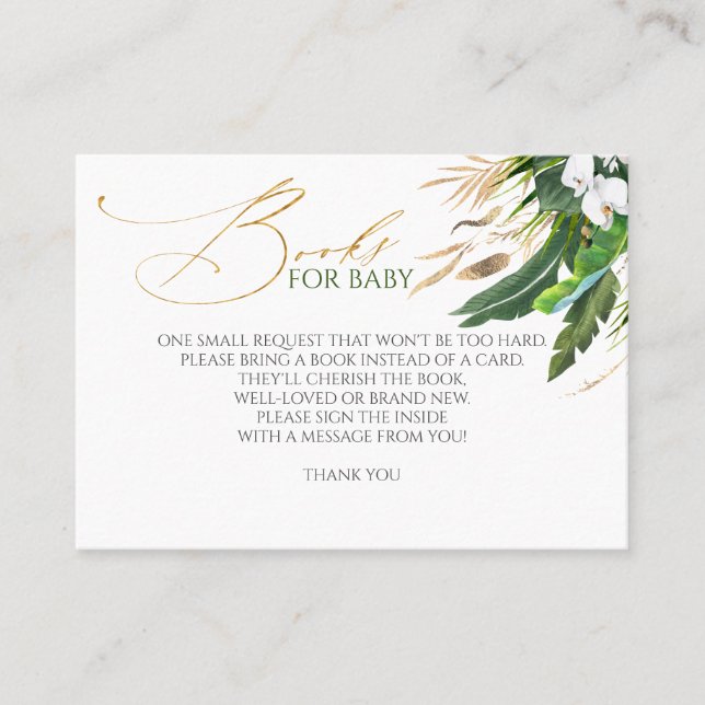 White Orchids Palm Leaves Baby Books Request Business Card (Front)