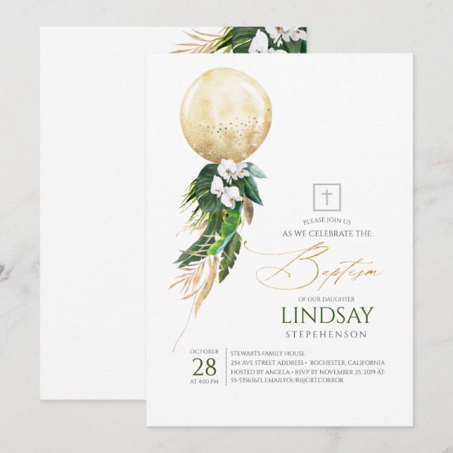 White Orchids Palm Leaves Gold Balloon Baptism Invitation (Front/Back)