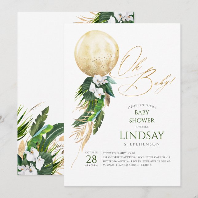 White Orchids Palm Leaves Gold Balloon Oh Baby Invitation (Front/Back)