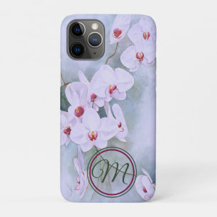 White Orchids Pink Centres Watercolor Monogram iPhone 11 Pro Case