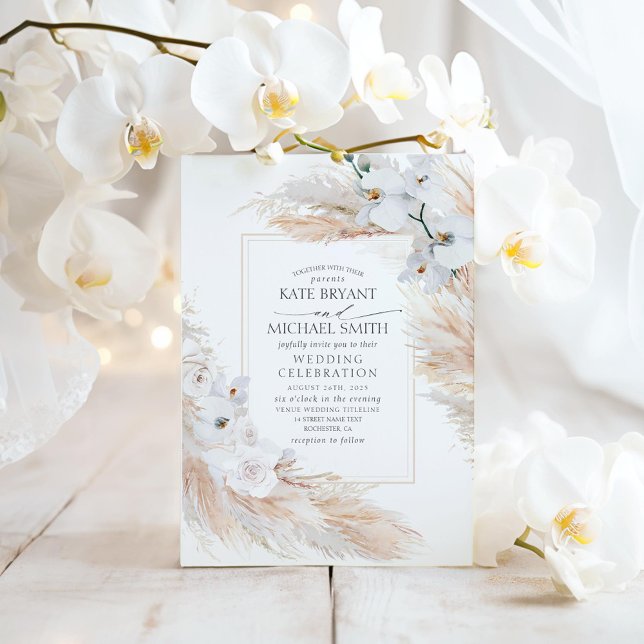 White Orchids Roses and Pampas Grass Wedding Invitation (Pampas Grass and White Orchids Wedding)