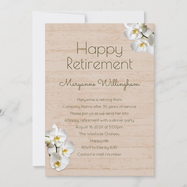 White Orchids Rustic Retirement Party Invitation (Front)