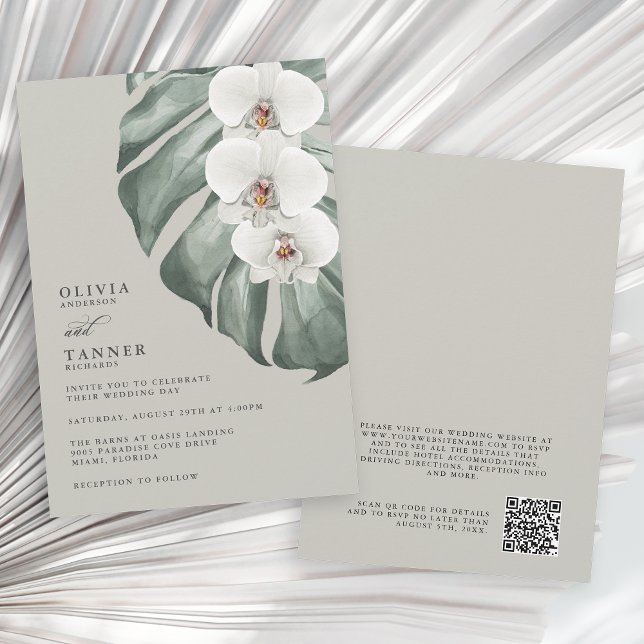 White Orchids Sage Tropical Wedding with QR code Invitation (Available as printed and paperless digital download!)