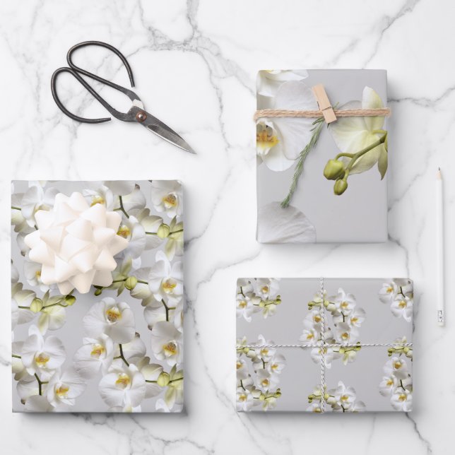 White Orchids Silver Grey Wrapping Paper Sheets (Front)