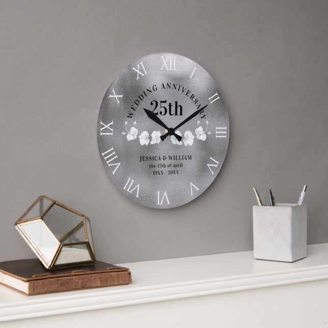 White Orchids Silver Wedding Anniversary Keepsake Large Clock (Office)