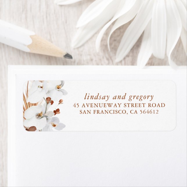 White Orchids Terracotta Floral  Return Address Label (Insitu)