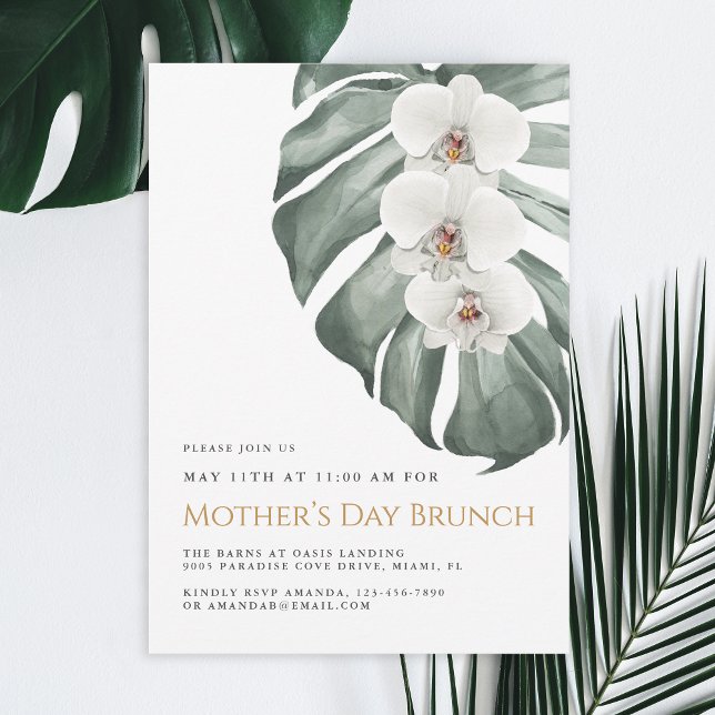 White Orchids Tropical Floral Mother's Day Brunch Invitation (Available in both printed and instant download digital formats.)