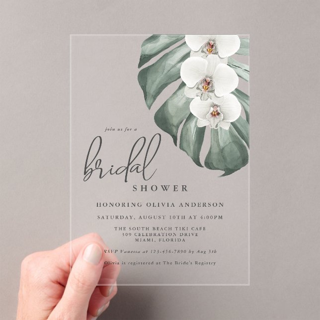 White Orchids Tropical Paradise Bridal Shower Acrylic Invitations (Insitu (Handheld))