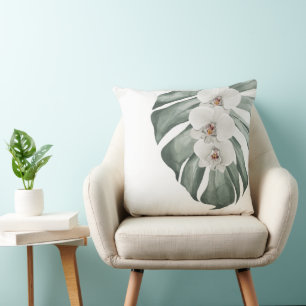 White Orchids Tropical Watercolor Floral Cushion