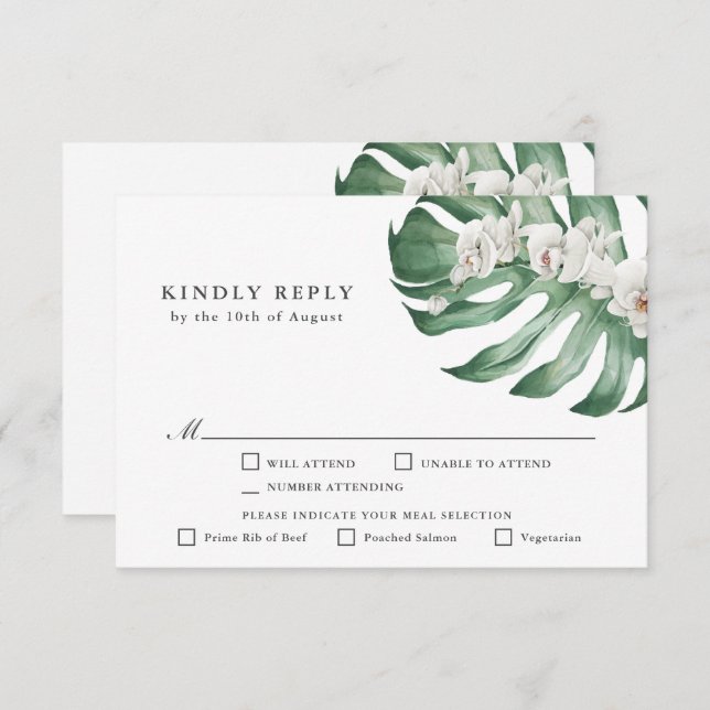 White Orchids Tropical Wedding RSVP with Entrees (Front/Back)