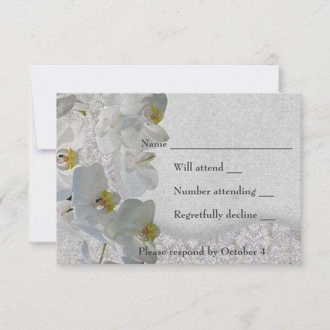 White Orchids Vintage Damask RSVP (Front)