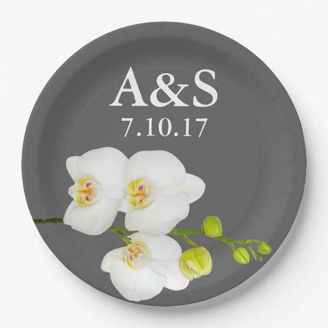 White Orchids Wedding Couple's Initials & Date Paper Plate (Front)