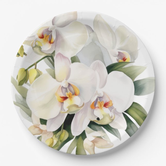 White Orchids Wedding Paper Plate (Front)
