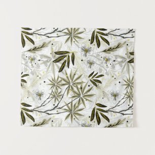 White orchids with olive tropical leaves tapestry