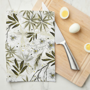 White orchids with olive tropical leaves tea towel