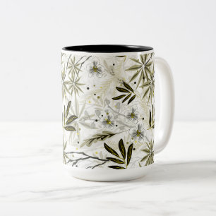 White orchids with olive tropical leaves Two-Tone coffee mug