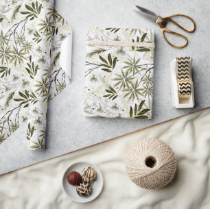 White orchids with olive tropical leaves wrapping paper