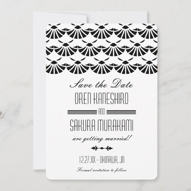 White Oriental Art Deco Style Save The Date (Front)