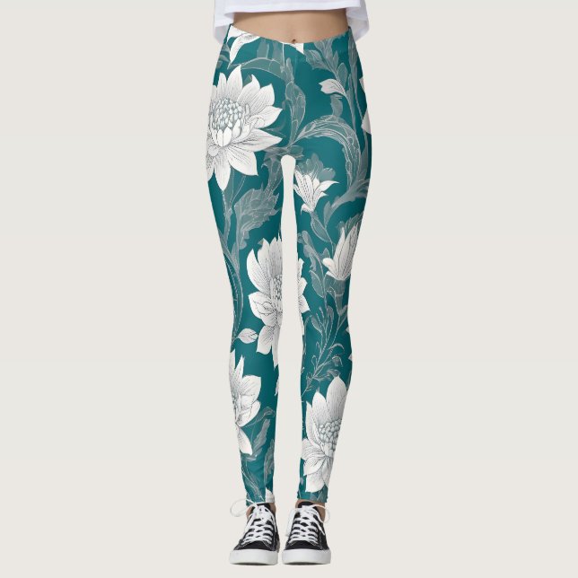 White oriental flower design leggings (Front)
