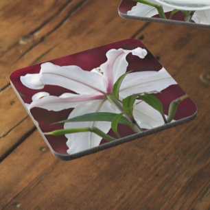 White Oriental Lily Bloom Floral Coaster