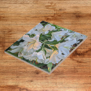 White Oriental Lily Blooms Floral Ceramic Tile