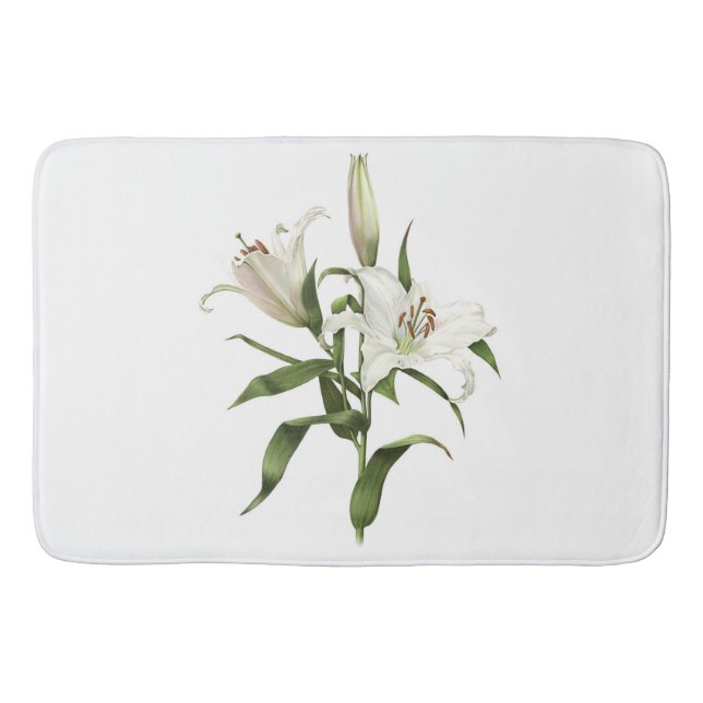 White Oriental Lily Botanical Art Bath Mat (Front)