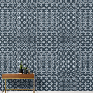 White Ornament on Dark Blue Pattern Wallpaper