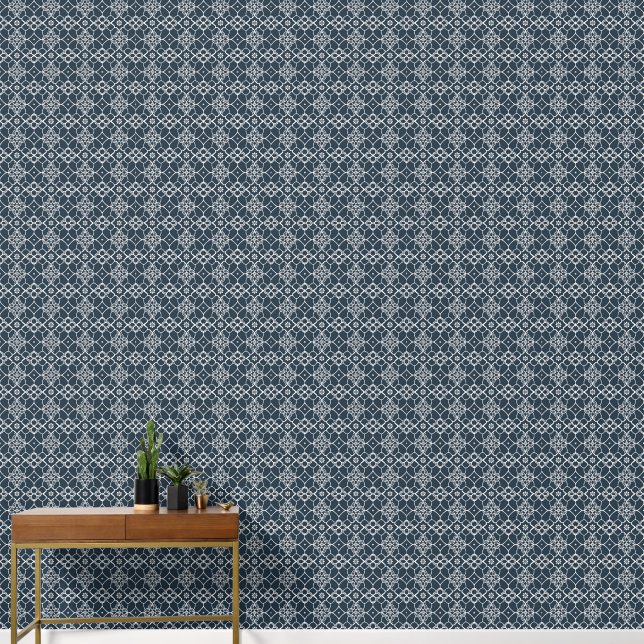 White Ornament on Dark Blue Pattern Wallpaper (Hallway)