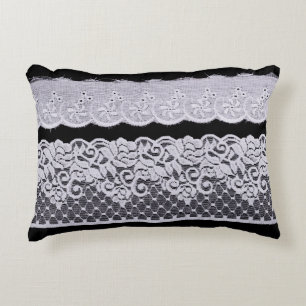 White Ornamental Lace isolated on black background Decorative Cushion