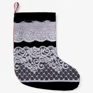 White Ornamental Lace isolated on black background Small Christmas Stocking