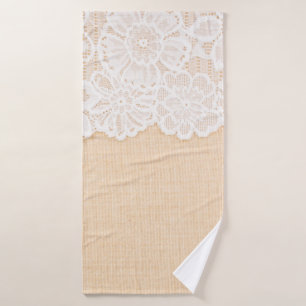 White Ornamental Lace over fabric design for borde Bath Towel