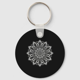 White Ornate Lotus Flower Yoga Mandala Key Ring