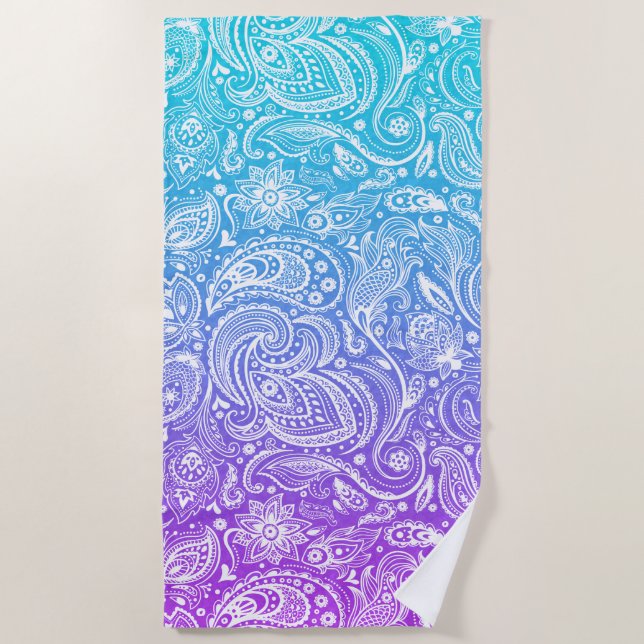 White Ornate Paisley Pattern On Purple & Blue Beach Towel (Front)