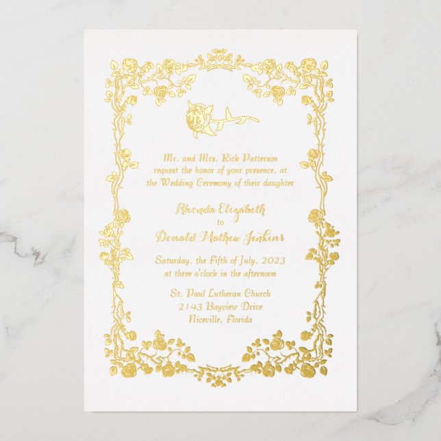 White Ornate Rose Border  Foil Invitation (Front)
