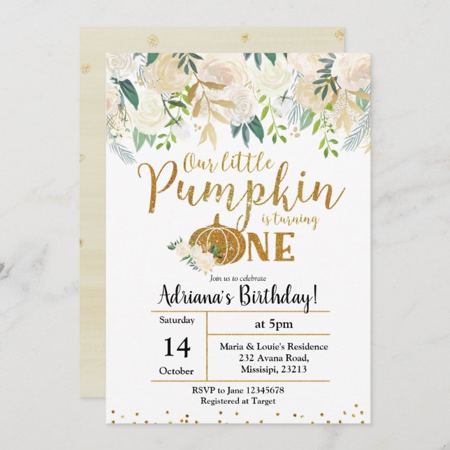 White Our Little Pumpkin Is Turning One Invitation (Front/Back)