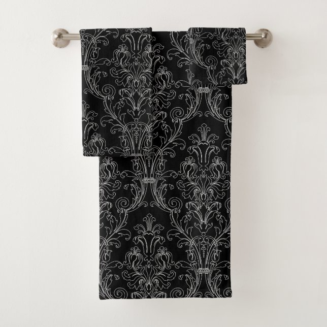 White Outline Black Floral Damask Bath Towel Set (Insitu)