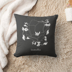 White Over Black Abstract Line Art Flower Pattern Cushion