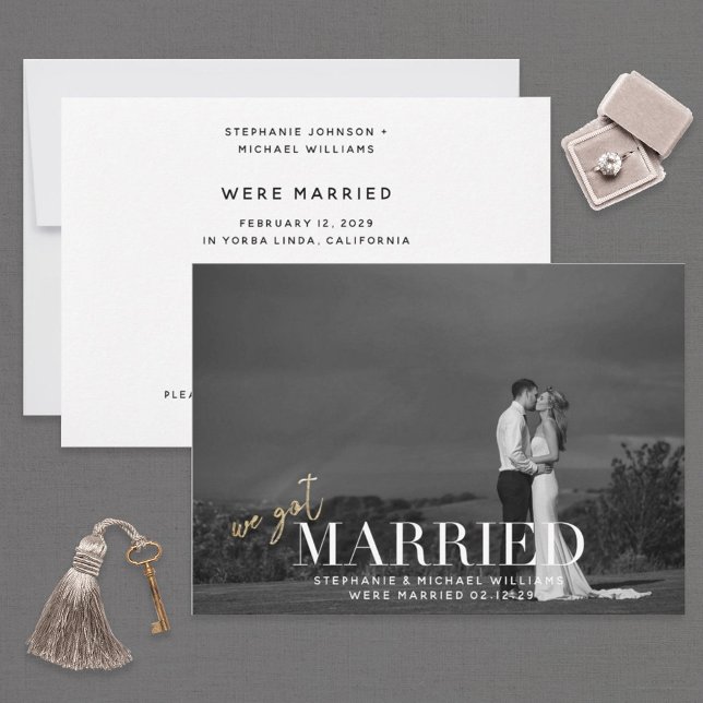 White Overlay Black & White Just Married Photo Invitation (Creator Uploaded)
