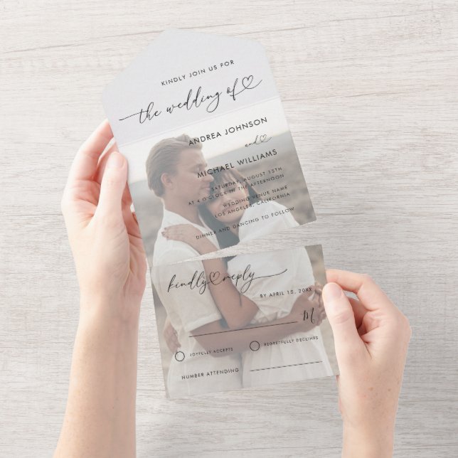 White Overlay Photo & Modern Heart Script Wedding All In One Invitation (Tearaway)