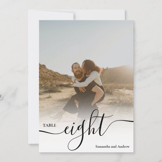 White overlay script names photos wedding table invitation (Front)