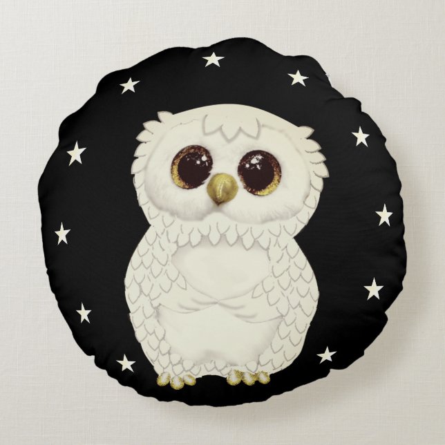White Owl and Stars on Black Round Cushion (Back)