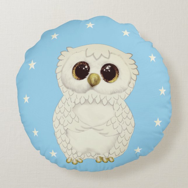 White Owl and Stars on Light Blue Round Cushion (Back)