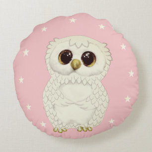 White Owl and Stars on Light Pink Round Pillow