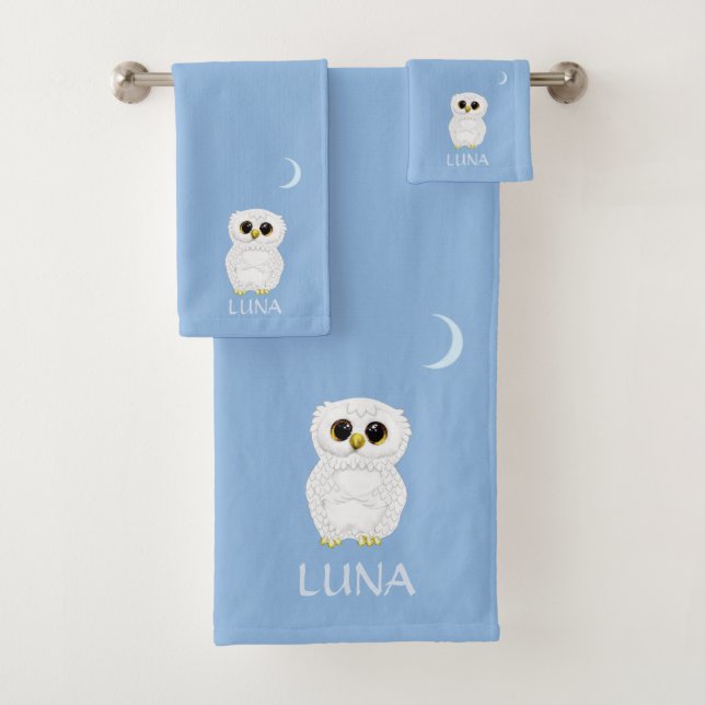 White Owl & Crescent Moon on Sky Blue  Bath Towel Set (Insitu)