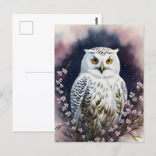 White Owl Floral Night Portrait Postcard