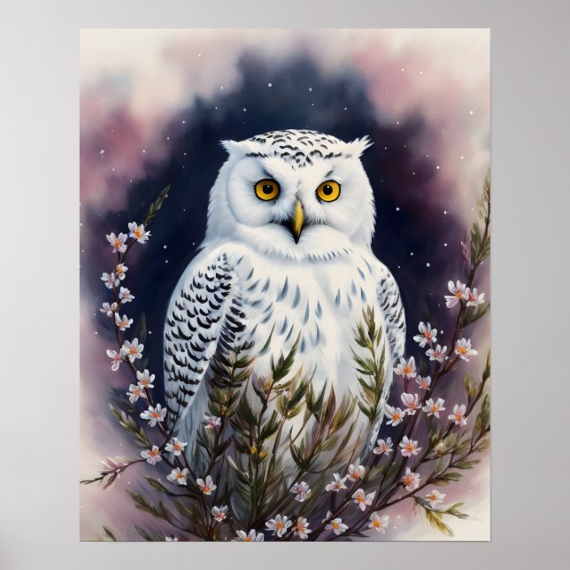 White Owl Floral Night Portrait Poster (Front)