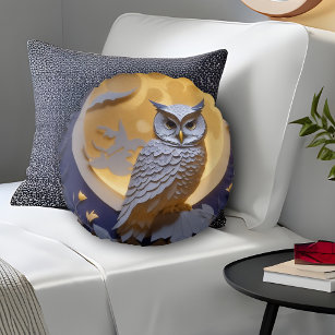 White Owl Full Moon Night Sky Blue Moonlight Bird Round Cushion